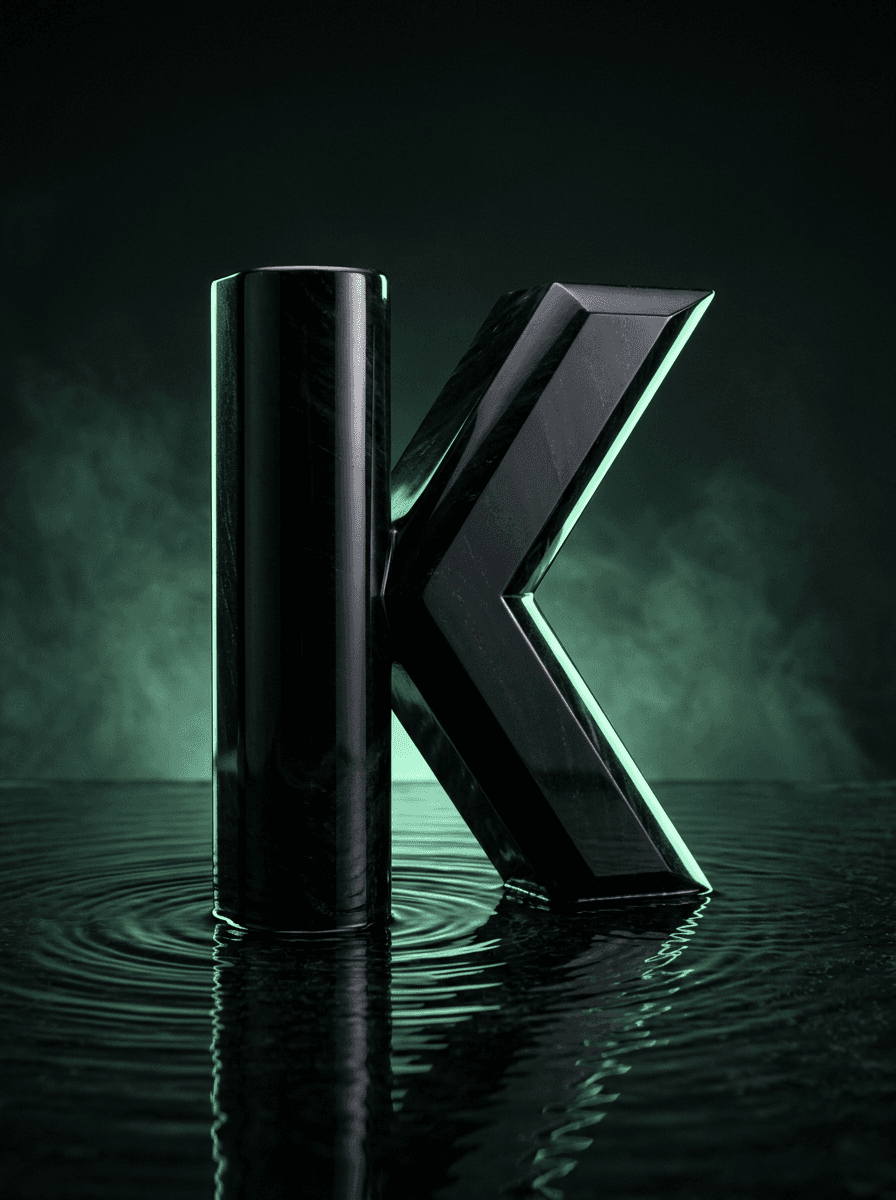 Placeholder 3D slot — an obsidian K monolith standing in still water