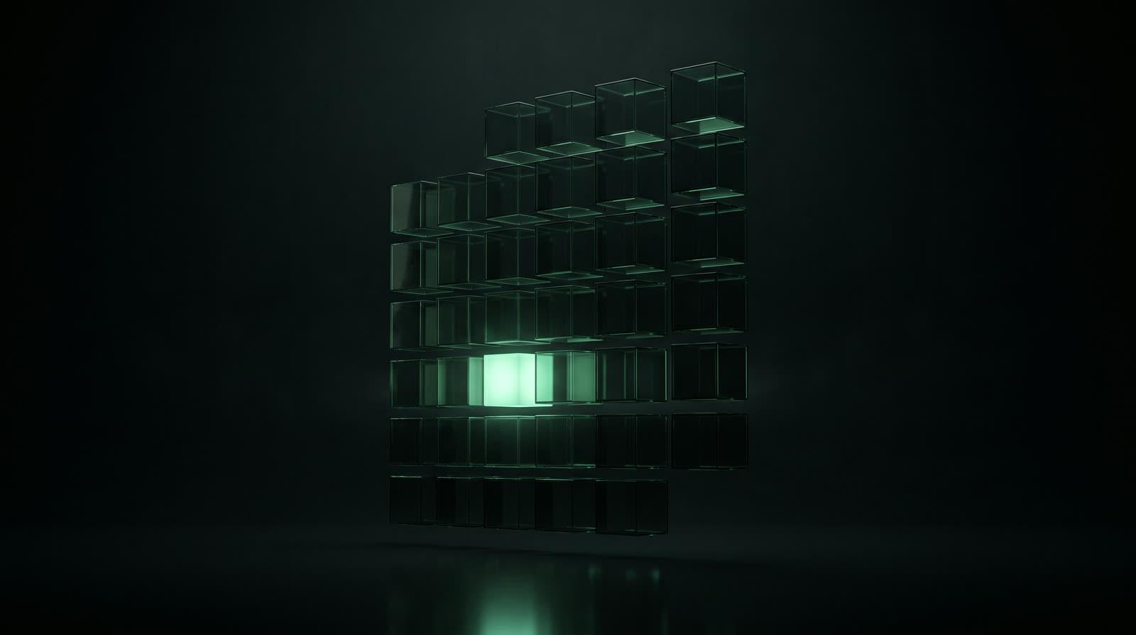 A floating grid of dark glass cubes, one glowing mint from within against a near-black ground