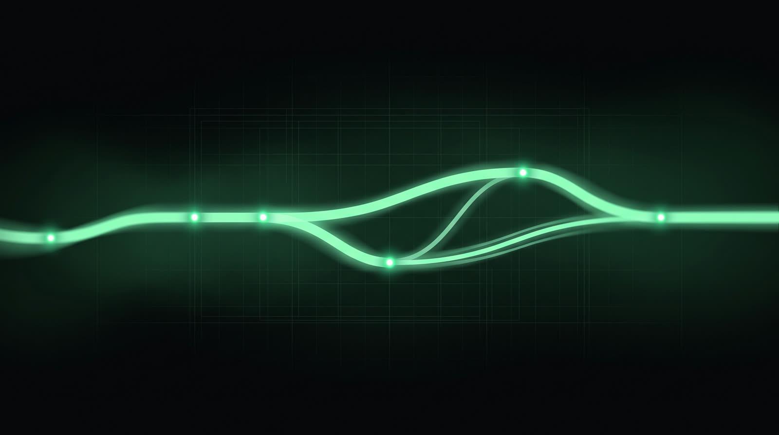 A ribbon of mint light flowing through glowing nodes on a dark ground, branching once and merging back