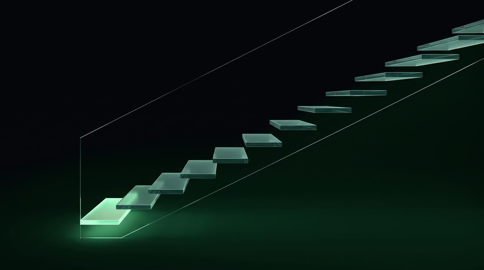 Translucent glass steps ascending through darkness, the lowest step glowing mint from within