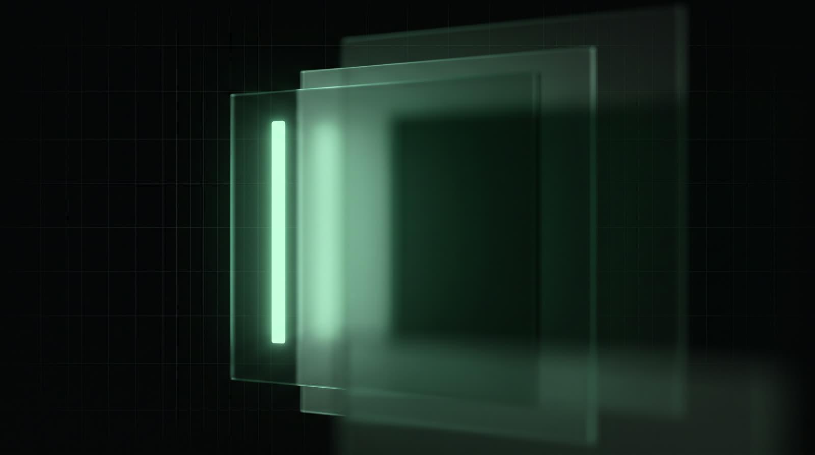 A single luminous mint cursor bar glowing against layered glass panels on a near-black ground