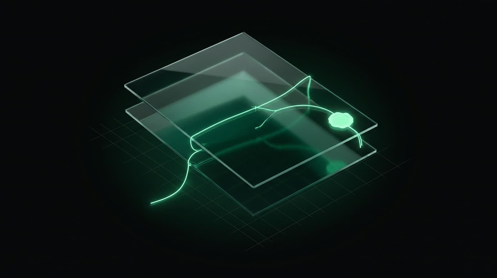 Three overlapping translucent glass sheets stitched by a thread of mint light ending in a glowing seal