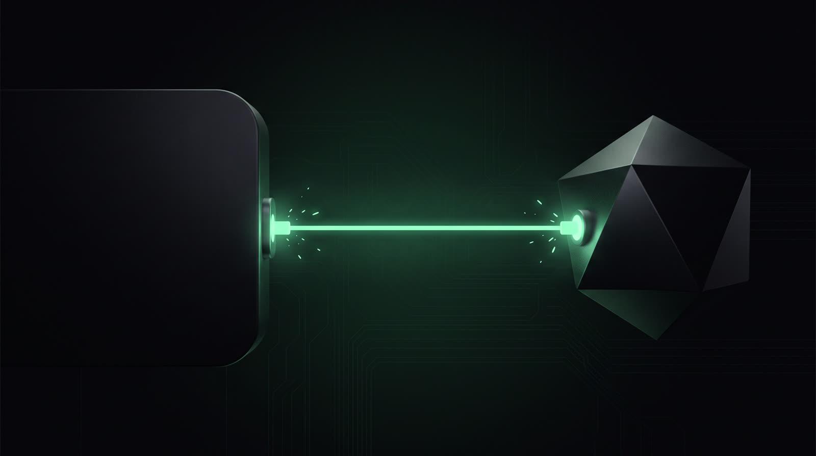 Two dark geometric forms joined by a taut thread of mint light plugging into glowing ports