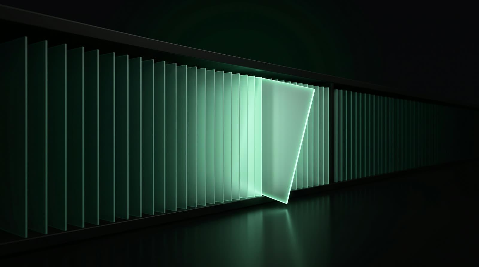 A dark archive shelf of thin translucent cards receding into darkness, one pulled out and glowing mint